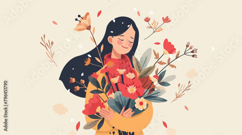 Happy woman holding a bouquet of flowers. 