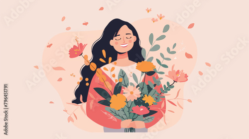 Happy woman holding a bouquet of flowers. 