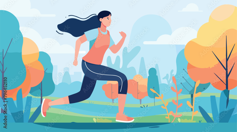 Happy woman running in the park. Vector illustration
