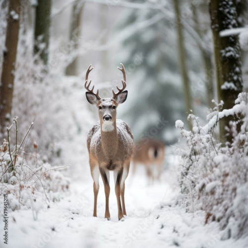 b'A white-tailed deer stands in the snow'