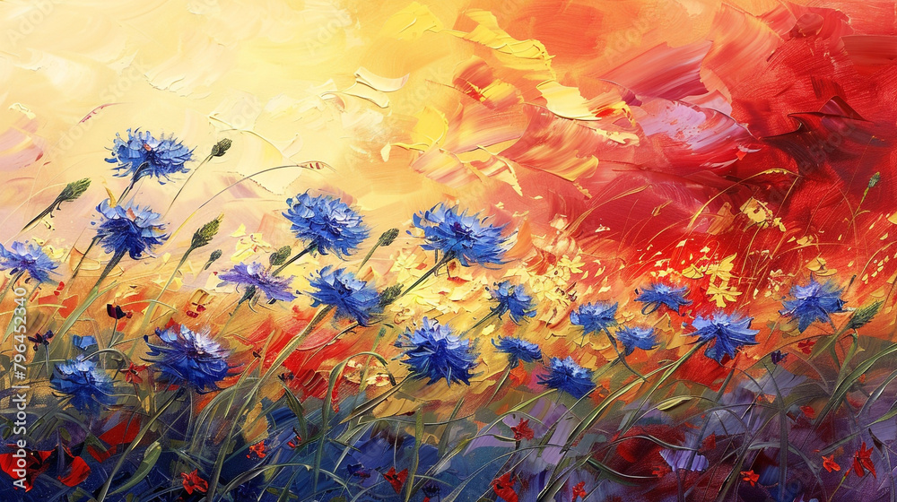 Oil painting of a lush spring meadow under a dramatic red and yellow sky. Oil painting of a lush spring meadow under a dramatic red and yellow sky.