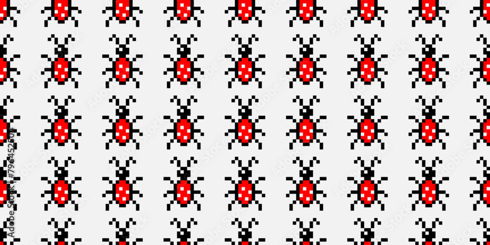 Obraz premium Pixel art with ladybug spring and summer seamless pattern, print, texture. In the grid