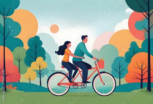 a vector illustration of a father and a daughter riding a bike with a basket on the front