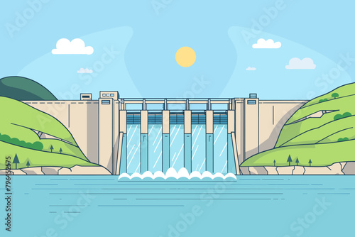 Hydroelectric dam, hydroelectric power plant, sustainable green energy, renewable clean energy sources - vector illustration