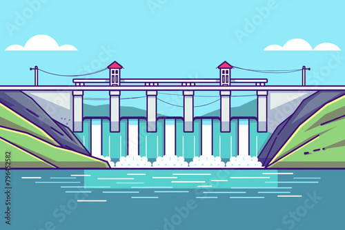 Hydroelectric dam, hydroelectric power plant, sustainable green energy, renewable clean energy sources - vector illustration
