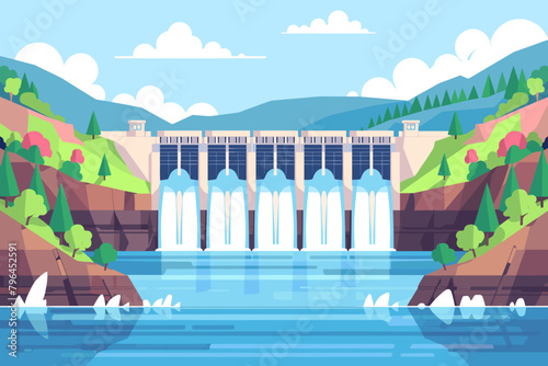 Hydroelectric dam, hydroelectric power plant, sustainable green energy, renewable clean energy sources - vector illustration