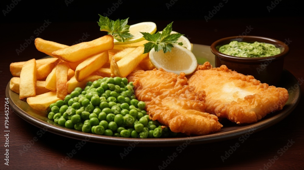 A plate of fish and chips with mushy peas. A plate of fish and chips with mushy peas.