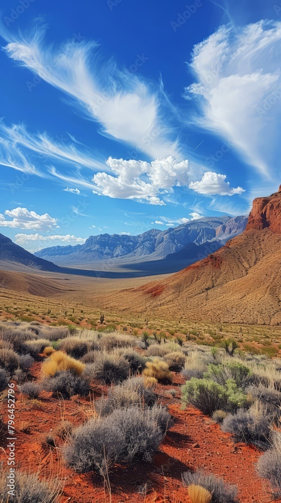 Obraz premium b'Arid desert landscape with red rocks and mountains in the distance'