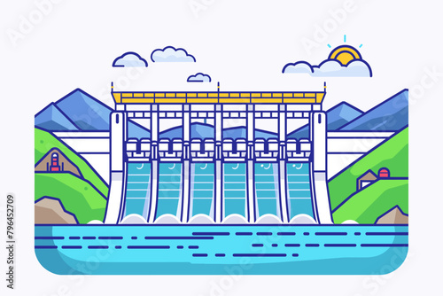 Hydroelectric dam, hydroelectric power plant, sustainable green energy, renewable clean energy sources - vector illustration