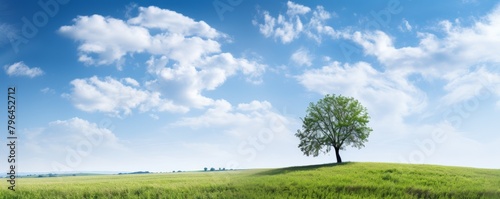 A photo of a single tree in a grassy field on a sunny day with white clouds in the blue sky. © narak0rn