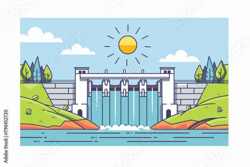 Hydroelectric dam, hydroelectric power plant, sustainable green energy, renewable clean energy sources - vector illustration