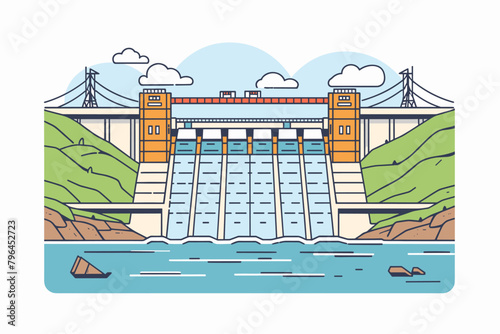 Hydroelectric dam, hydroelectric power plant, sustainable green energy, renewable clean energy sources - vector illustration