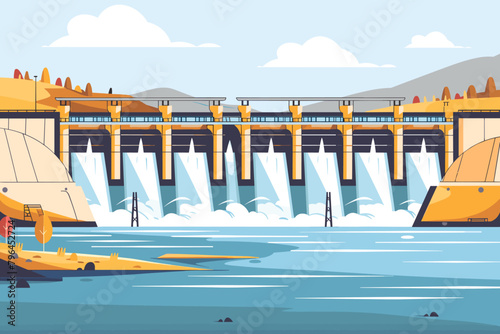 Hydroelectric dam, hydroelectric power plant, sustainable green energy, renewable clean energy sources - vector illustration