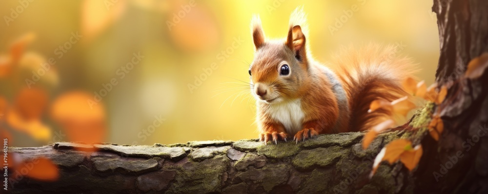 A squirrel sitting on a tree branch in the fall with a blurred background.