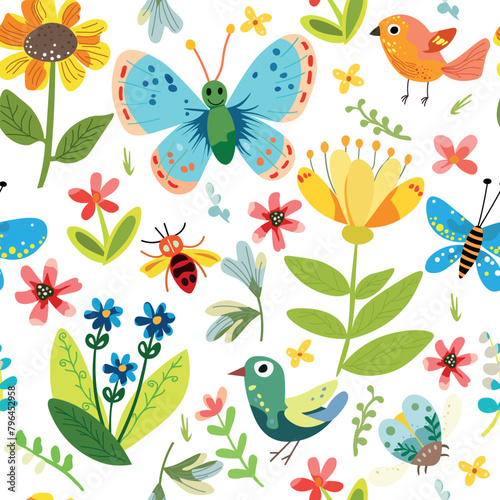 Pattern in children's style with flowers, butterflies and birds. Various elements on a white background. For the design of children's rooms, fabric, wallpaper and more.