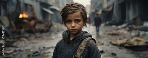A young girl stands in the middle of a war-torn city. She is covered in dirt and blood, and her eyes are filled with sadness and fear. The buildings around her are destroyed, and the ground is littere