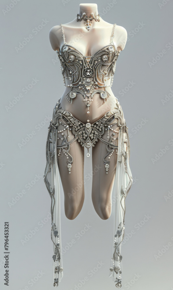 Super beautiful wedding dress with creative embossed printing, diamonds and white gems, 3d designed front view ad mockup, isolated on a white and gray background.