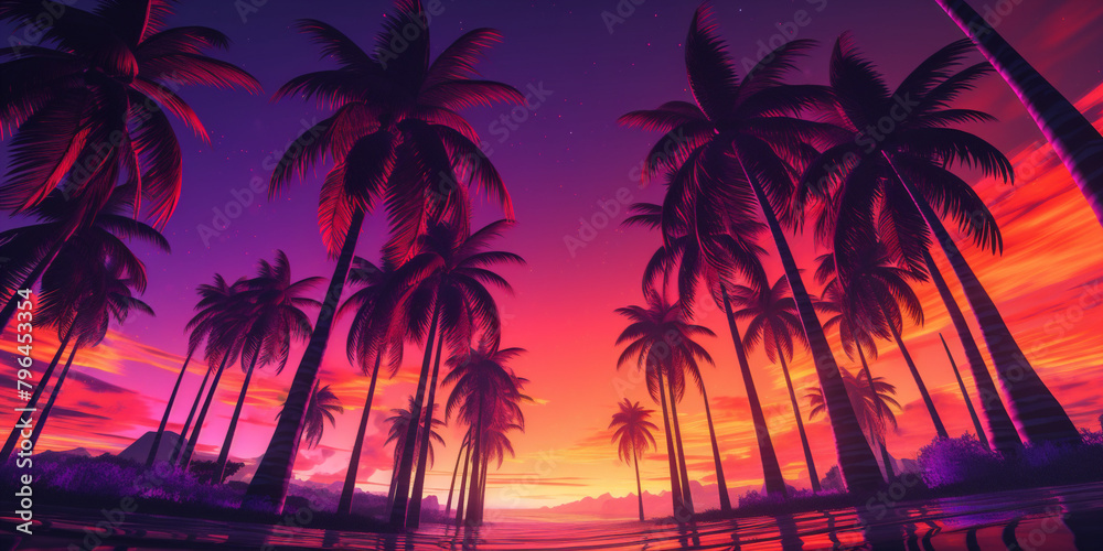 Vibrant pink and purple sunset with silhouettes of palm trees, reflecting a tranquil tropical evening ambiance