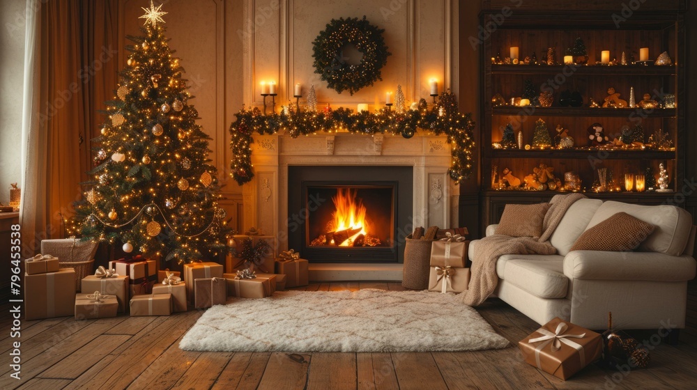 Obraz premium b'Cozy living room with Christmas tree, fireplace and presents'