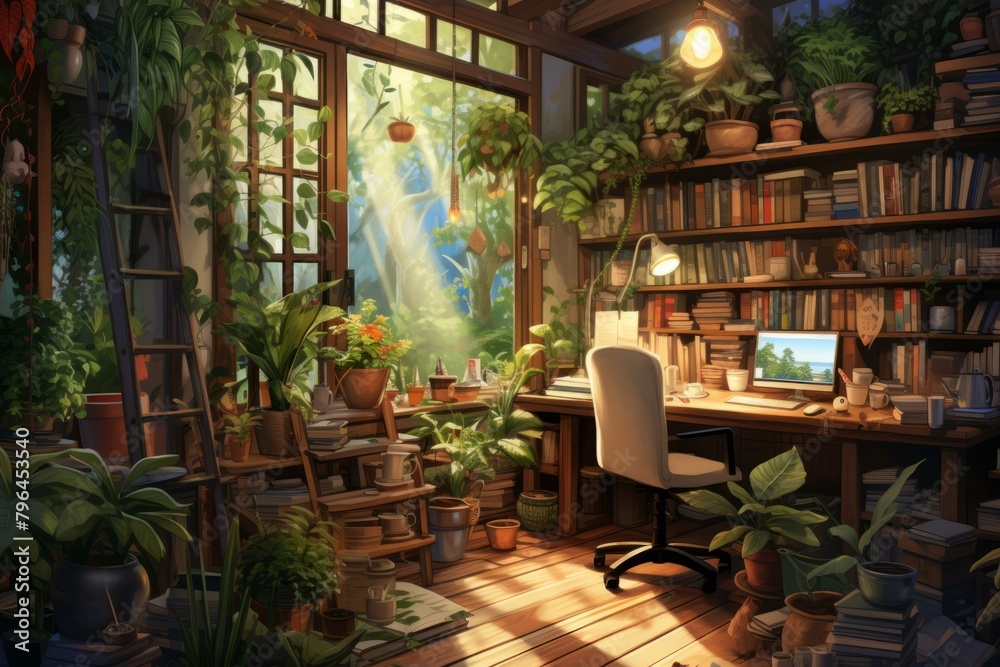 b'Cozy home office with lots of plants and books'