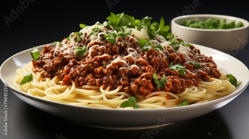 b A plate of spaghetti with meat sauce and cheese 