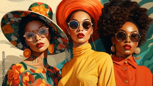 Three beautiful black women wearing stylish clothes and sunglasses.
