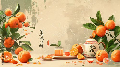 Set of Chinese tangerines with tea and greeting card 