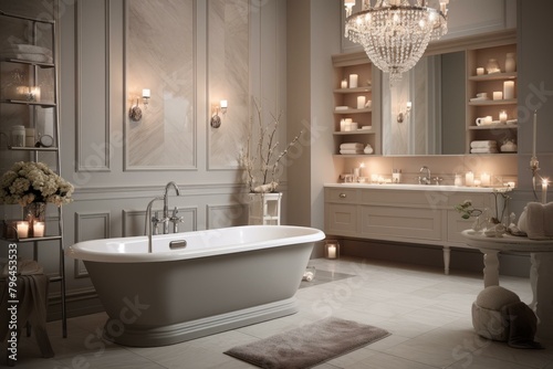 b Lavish bathroom with freestanding bathtub and marble walls 
