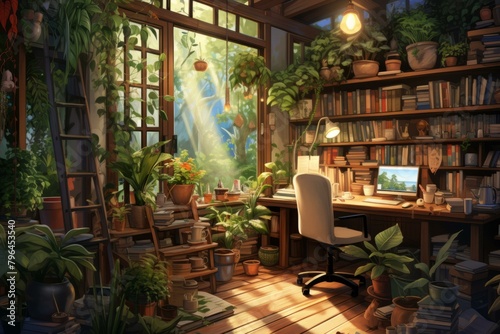 b'Cozy home office with lots of plants and books' © Adobe Contributor