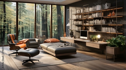 b'Modern home office with large windows overlooking a forest'