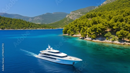 b'A luxury yacht sails through the calm waters of a Mediterranean bay with a lush green island backdrop'