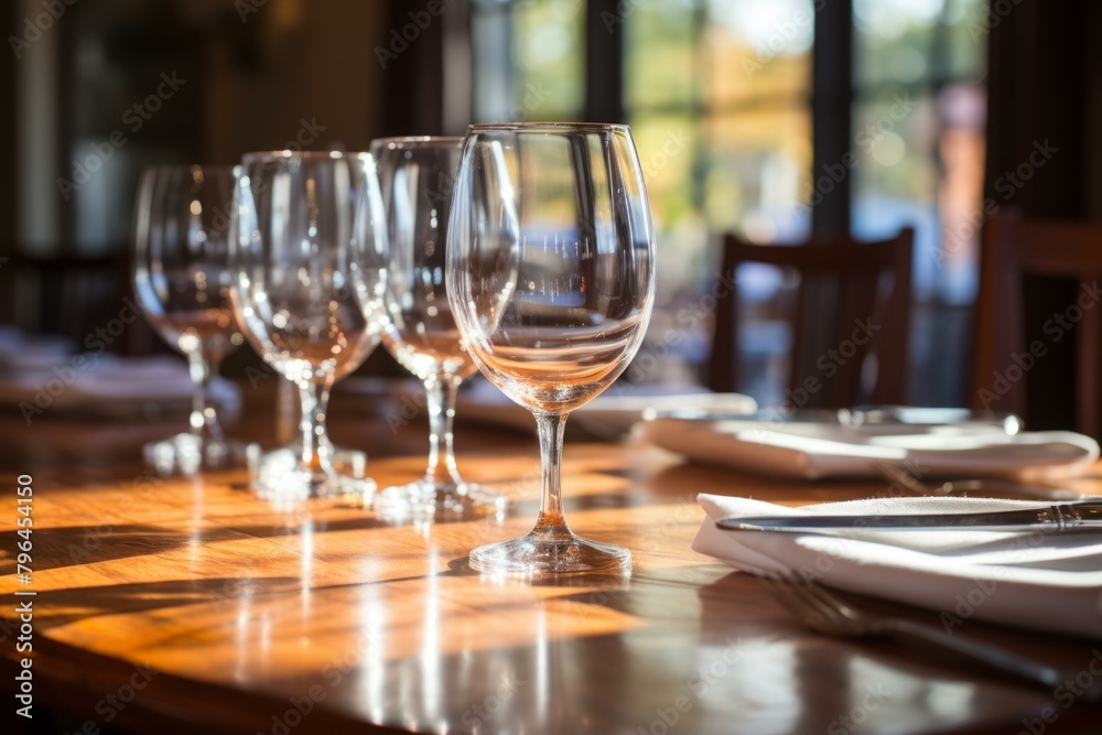 b'Empty wine glasses on a wooden table in a restaurant' b'Empty wine glasses on a wooden table in a restaurant'