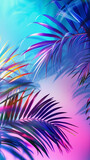 The image captures radiant palm leaves with neon highlights against a serene gradient sky-like backdrop