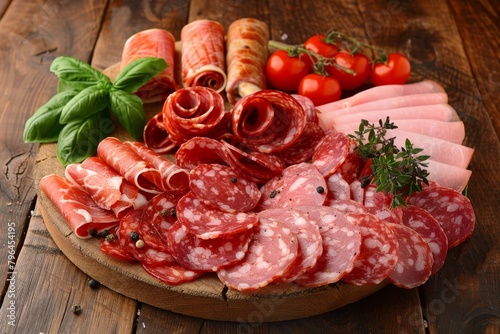 Display of assorted cured ham slices on vintage wooden table for appealing charcuterie arrangement