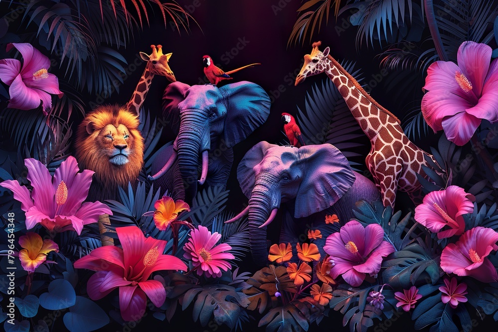 Large group of African safari animals. Jungle, tropical illustration. Lion, parrots, giraffe, zebra, elephant