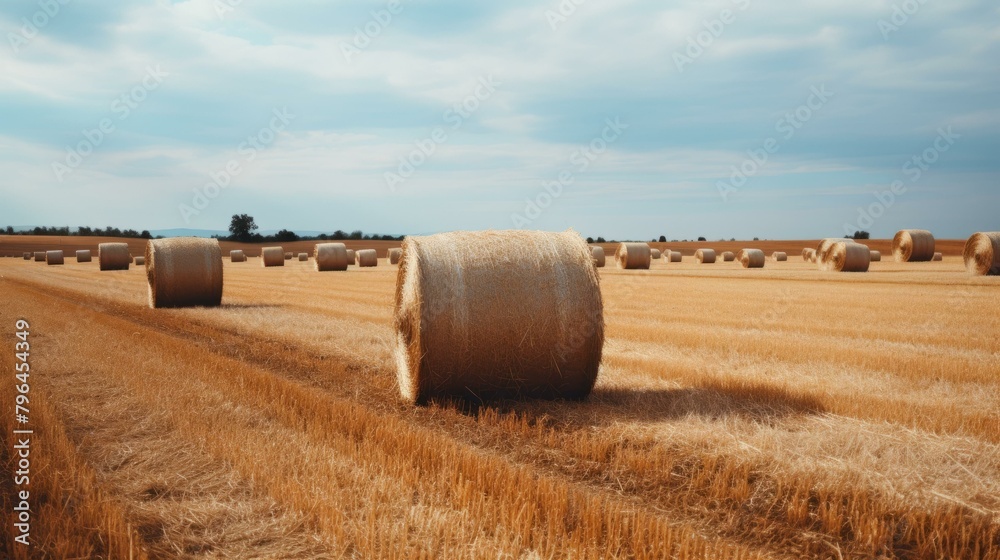 b'Field of hay bales under blue sky'