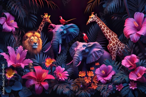 Large group of African safari animals. Jungle, tropical illustration. Lion, parrots, giraffe, zebra, elephant
