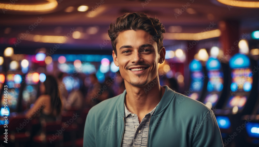 Portrait of a young smiling man in casual clothes in casino Portrait of a young smiling man in casual clothes in casino