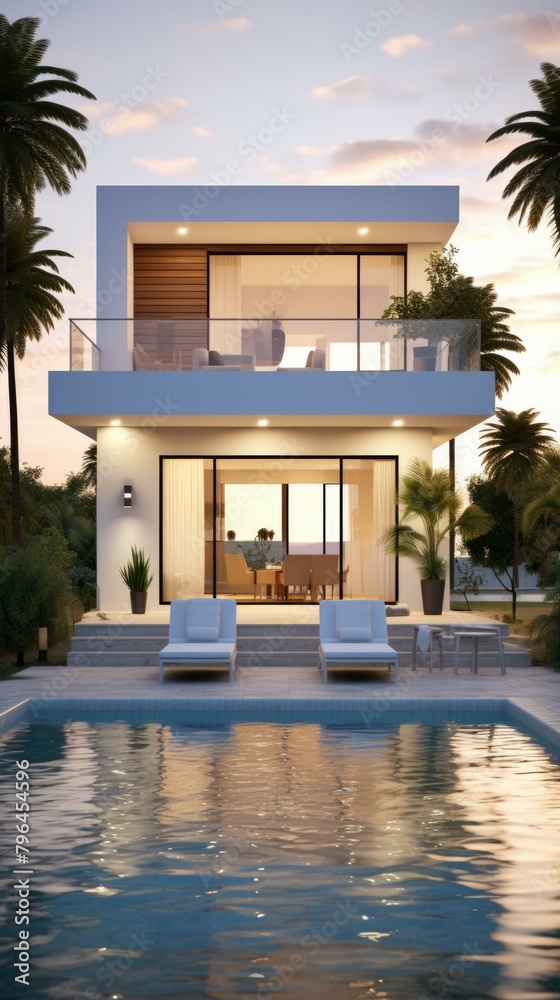 b'Modern minimalist villa with swimming pool and palm trees'
