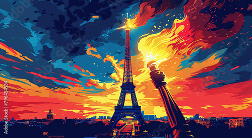 Vibrant, artistic depiction of the Eiffel Tower at sunset with swirling, colorful clouds in the sky, capturing a dynamic and modern interpretation of Paris. photo