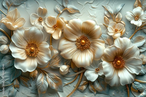 Light decorative texture of a plaster wall with voluminous decorative flowers and golden elements. © Dipankar