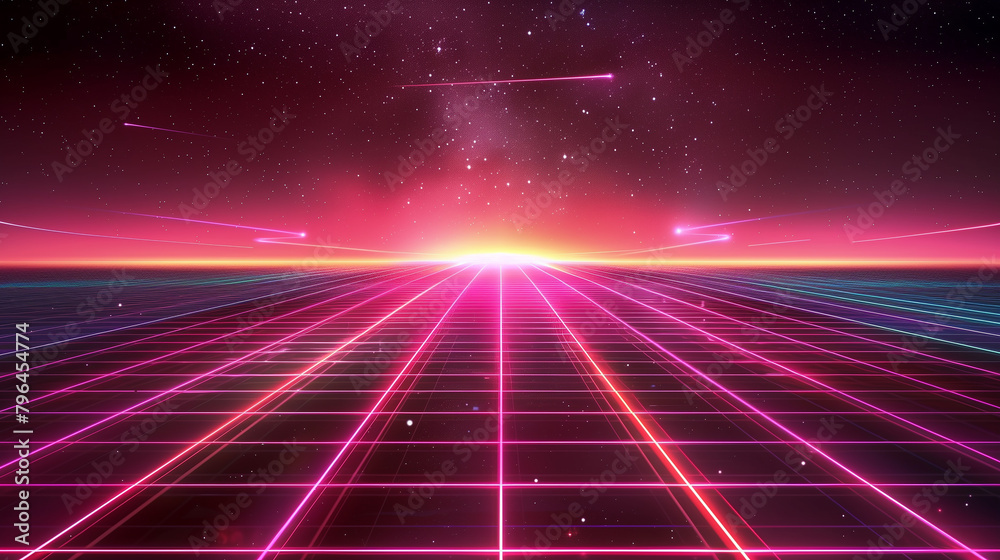 A neon pink and blue background with a grid of lights. The lights are in different colors and are arranged in a way that creates a sense of depth and movement. Scene is energetic and futuristic