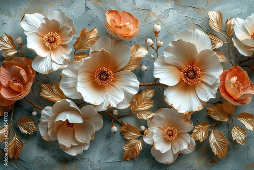 Light decorative texture of a plaster wall with voluminous decorative flowers and golden elements.