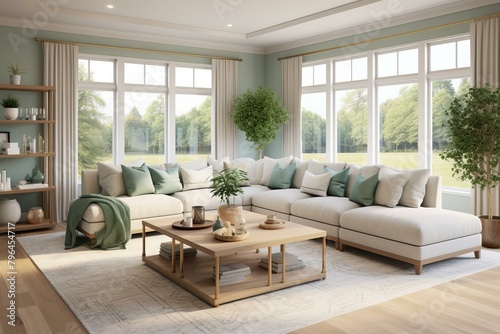 b Elegant living room interior with large windows and comfortable sofa 