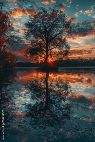 b'A lonely tree stands in the middle of a lake, with a beautiful sunset in the background'