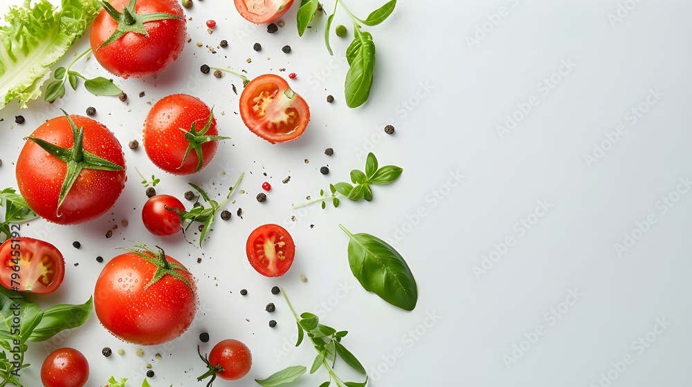 Fototapeta premium Lemon and spices on blue background, tomato and spices on white plain background, spices and seasoning on white background
