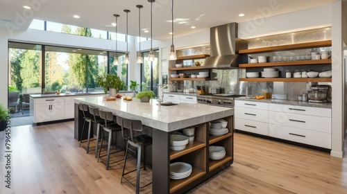 b'Modern kitchen interior with island and stainless steel appliances'
