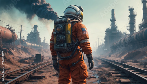 Post apocalyptic scene  with astronaut and smoking pipes
 photo