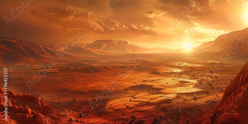 b An illustration of a Martian landscape with a setting sun 