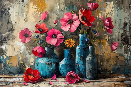Painting, modern, abstract, metal element, texture background, vases, flowers, flowers in vases photo